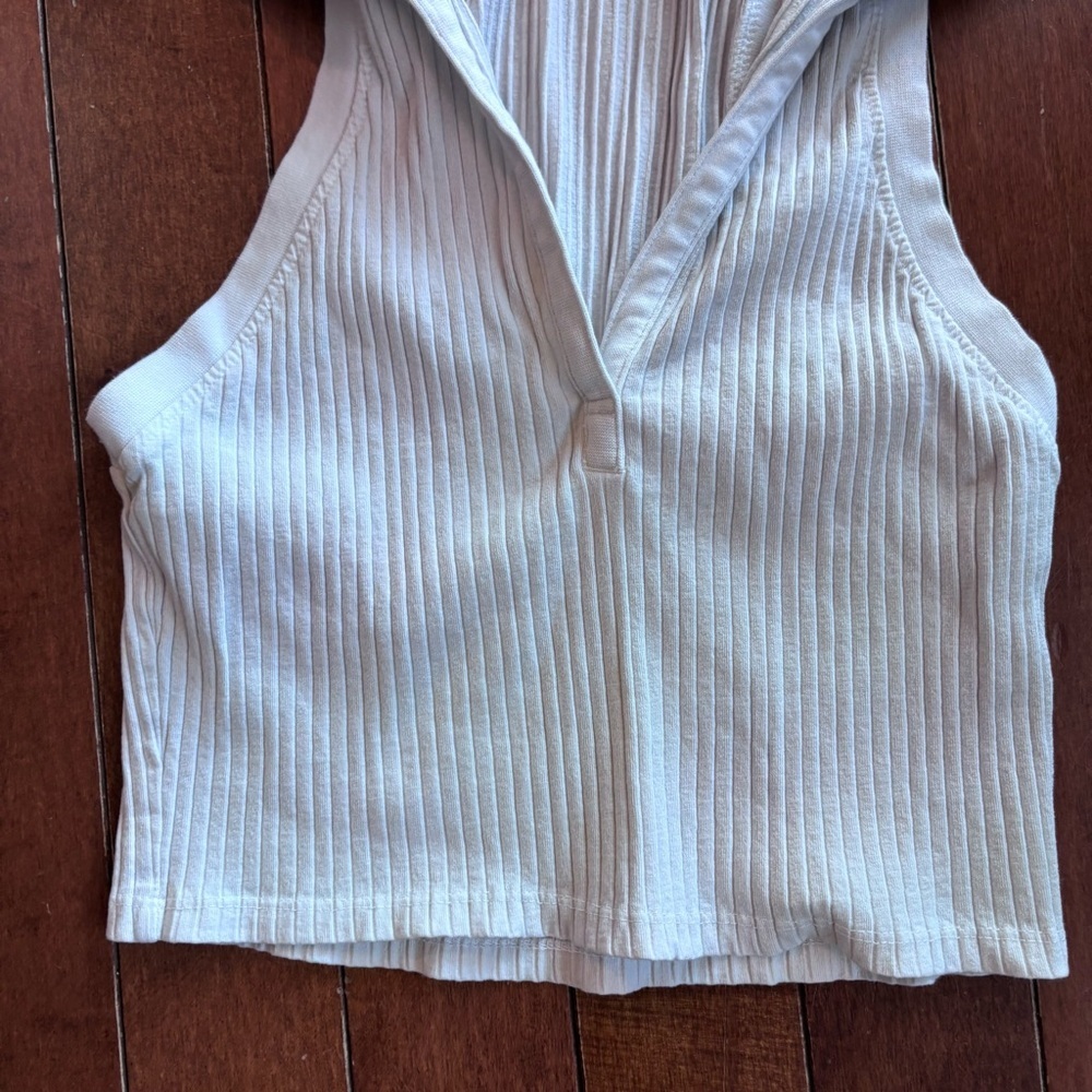 Zara Cream Ribbed Collared Crop Top - Picture 5 of 8